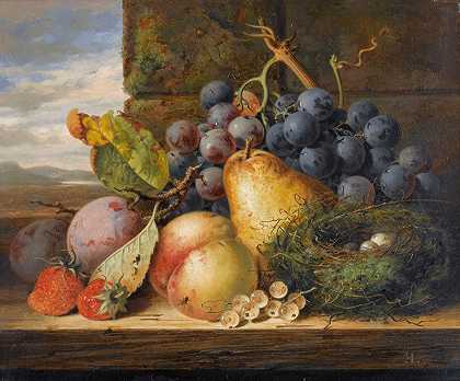 与鸟的静物鸟巢，一个梨，一个桃，葡萄，草莓和李子`Still Life With A Birds Nest, A Pear, A Peach, Grapes, Strawberries And Plums by Edward Ladell