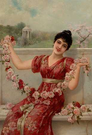 带着一束玫瑰花的年轻女子`Young Woman with a Chain of Roses by Emile Eisman-Semenowsky
