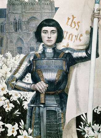 圣母院大教堂背景下的圣女贞德肖像，带国旗和百合花`Portrait of Joan of Arc with flag and lilies on the background of Notre Dame Cathedral by Albert Lynch
