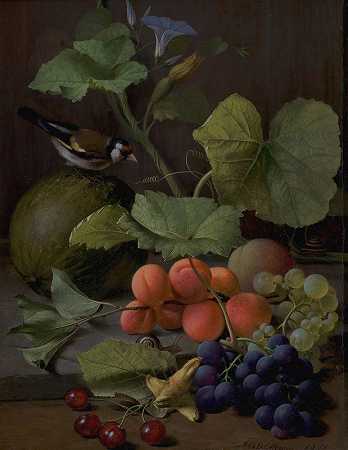 有水果和金翅雀的静物`Still Life With Fruits And A Goldfinch (1855) by Otto Didrik Ottesen