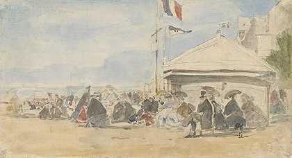 特鲁维尔海滩上挂着旗帜的房子`Beach House with Flags at Trouville (c. 1865) by Eugène Boudin