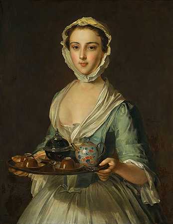 一个拿着茶盘的年轻女子，可能是艺术家汉娜女仆`A Young Woman Carrying A Tea Tray, Possibly Hannah, The Artists Maid by Philippe Mercier
