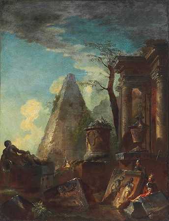 一座古典遗迹的奇幻之作，远处是塞斯提乌斯金字塔`A Capriccio Of Classical Ruins With The Pyramid Of Cestius Beyond by Giovanni Paolo Panini