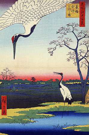 鹤类、米诺瓦、金杉在三川岛`Cranes, Minowa, Kanasugi at Mikawashima by Utagawa Hiroshige