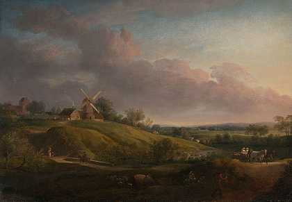 有教堂和磨坊的景观`Landscape with a Church and a Mill (1798) by Jens Juel