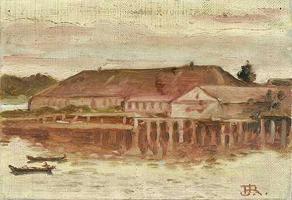 贸易站和码头大楼，锡特卡，晚上`Trading Post And Wharf Buildings, Sitka, Evening (ca. 1880 1914) by Theodore J. Richardson