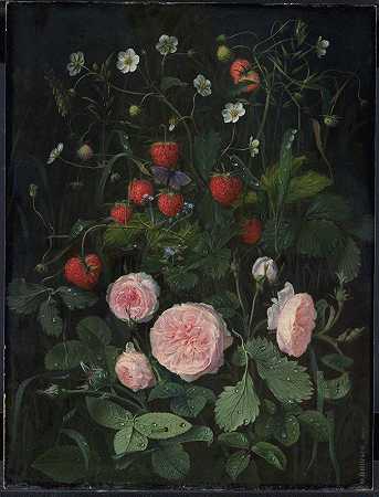 玫瑰和草莓的静物画`Still Life With Roses And Strawberries (1843) by Otto Didrik Ottesen