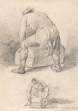 一个男人举起一个箱子，一张纸上写着两个研究`A Man Lifting a Trunk, Two studies on one sheet (1792) by George Morland