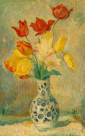 Delftware花瓶里的郁金香`Tulips in a Delftware vase by Henri Lebasque
