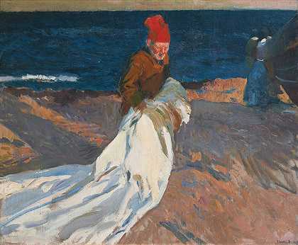 收集帆，瓦伦西亚海滩（收集帆，瓦伦西亚海滩）`Recogiendo la vela, playa de Valencia (gathering the sail, Valencia beach) (1908) by Joaquín Sorolla