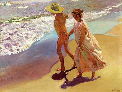 到水里去，瓦伦西亚海滩，1908年`To the Water, Valencia Beach, 1908 by Joaquin Sorolla
