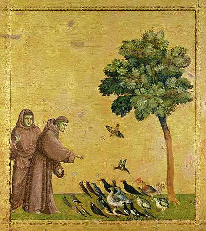 1290年，阿西西的圣方济各向鸟类布道`Saint Francis of Assisi Preaching to the Birds, 1290 by Giotto di Bondone