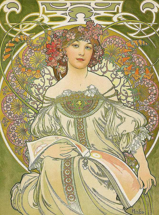 《尚普诺瓦历法》中的秋天，新艺术运动`Autumn, from the Champenois Calendar, Art Nouveau by Alphonse Mucha