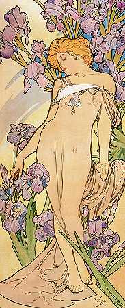 《花》，艾里斯，1898年`The Flowers, Iris, 1898 by Alphonse Mucha