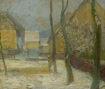 艺术家冬天斯莱内克的庭院`Artists Courtyard in Slanec in Winter (1907) by Ľudovít Čordák