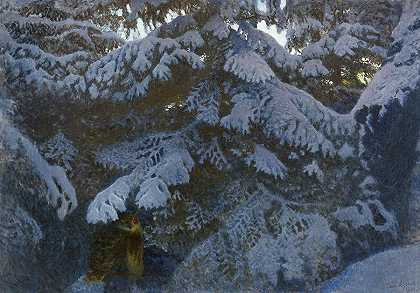 雪云杉下的鹰鸮`Eagle Owl under Snowy Spruce by Bruno Liljefors