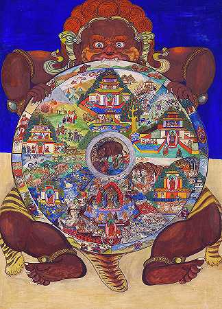 持有巴瓦卡拉或生命之轮、轮回之轮的山`Yama holding the Bhavacakra or Wheel of life, Wheel of Samsara by Tibetan Buddhism