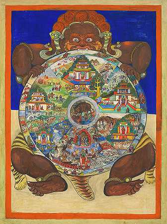 持有巴瓦卡克拉或生命之轮的亚玛`Yama holding the Bhavacakra or Wheel of life by Tibetan Buddhism