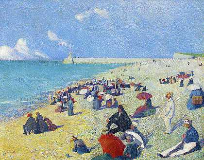 海滩风景，1890-1893年`Beach Scene, 1890-1893 by Leon Pourtau