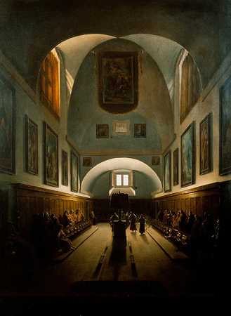 罗马巴伯里尼广场卡布钦教堂的唱诗班`The Choir in the Capuchin Church on the Piazza Barberini, Rome (c. 1815~1830) by François-Marius Granet