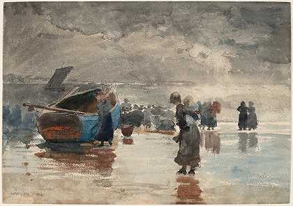 在沙滩上`On the Sands (1881) by Winslow Homer
