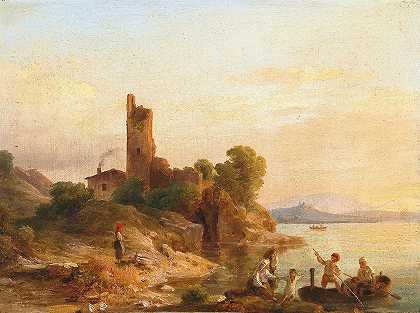 湖面上有渔民的意大利风景`Italian Landscape with Fishermen on the Lake (1859) by Károly Markó