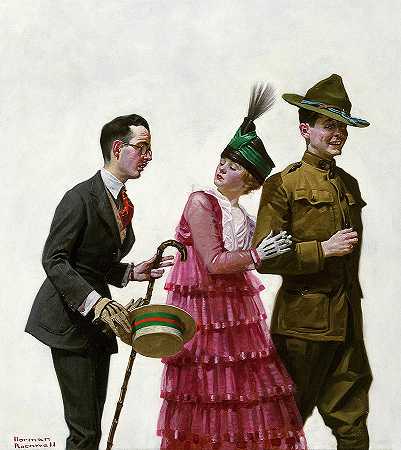 对不起，士兵护卫女，法官杂志封面，1917年7月`Excuse Me, Soldier Escorting Woman, Judge Magazine Cover, July 1917 by Norman Rockwell