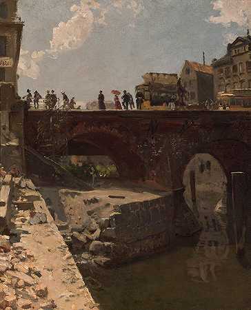 法国城市的一座桥`Brücke in einer französischen Stadt (1870) by Stanislas Lépine