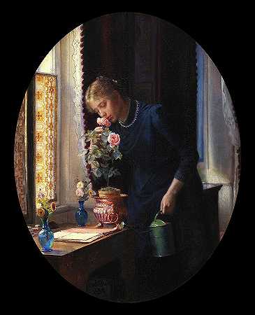 一个闻着玫瑰花香的年轻女孩，1889年`A young Girl smelling of a Rose, 1889 by Carl Bloch