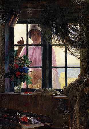 洗完澡后，一个年轻女孩敲渔夫的窗户`After the Bath, A Young Girl Knocking at the Fisherman\’s Window by Carl Bloch
