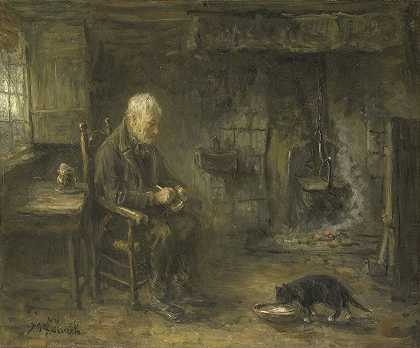 农舍的屋内`Interior of a Peasant Hut (c. 1882) by Jozef Israëls