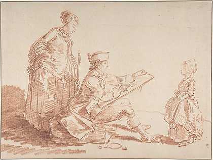画家画一个年轻女孩`Artist Sketching a Young Girl (ca. 1773) by Hubert Robert