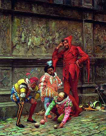 演奏Cochonnet的小丑，1868年`Jesters Playing Cochonnet, 1868 by Eduardo Zamacois