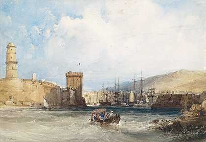 马赛港的入口`The Entrance to the Harbor of Marseilles (1838) by William Callow