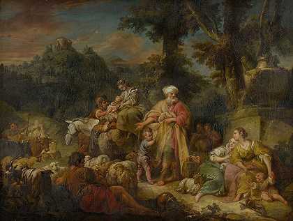 雅各布和他的家人去埃及旅行`Jacob and his family traveling to Egypt by Circle Of François Boucher