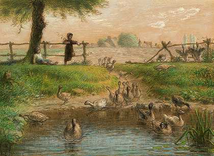 鹅塘的农民孩子们`Peasant Children at Goose Pond by Jean-Francois Millet