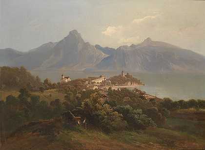 图恩基琴风景`Blick auf Traunkirchen (1871) by Theodor Freiherr von Ehrmanns