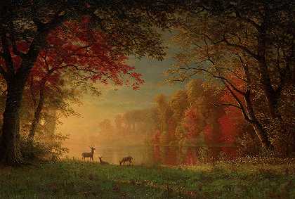 印度日落，湖边的鹿，1880-1890年`Indian Sunset, Deer by a Lake, 1880-1890 by Albert Bierstadt