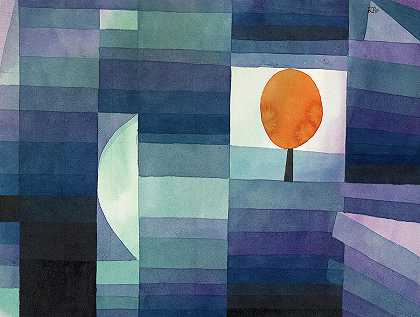 秋天的预兆，绿色、紫罗兰色渐变，带橙色调`The Harbinger of Autumn, green, violet gradation with orange accent by Paul Klee