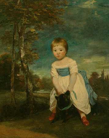 威廉·卡文迪什大师跨着一只黑狗站在风景中的肖像`Portrait of Master William Cavendish, standing astride a black dog, in a landscape by Sir Joshua Reynolds