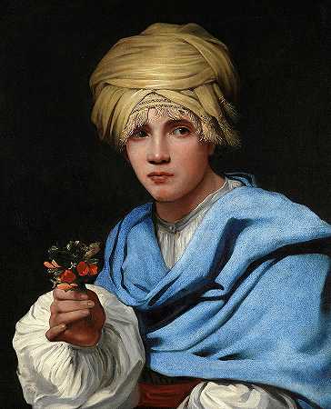 1658-1661年，一个戴着头巾、抱着鼻子的男孩`Boy in a Turban holding a Nosegay, 1658-1661 by Michiel Sweerts