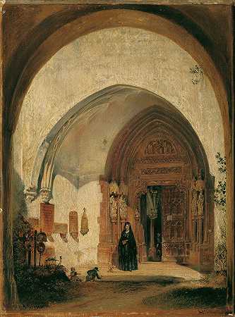 萨尔茨堡诺恩伯格修道院教堂的大门`Das Portal der Stiftskirche Nonnberg in Salzburg (1848) by Rudolf von Alt