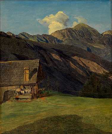 伊斯克尔附近海森拉德的阿尔卑斯小屋`Die Alpenhütte auf dem Hoisenrad bei Ischl (1834) by Ferdinand Georg Waldmüller