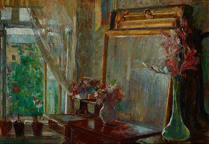室内-艺术家克拉科夫的s工作室`Interior – Artists Studio in Krakow (1906) by Olga Boznanska