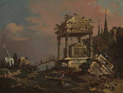想象中的坟墓景观`Imaginary View with a Tomb by the Lagoon (early 1740s) by the Lagoon by Canaletto