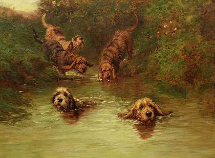 气味上的奥特猎犬`Otterhounds on the Scent by Maud Earl