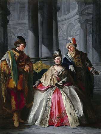 三个人穿着化装舞会`Three Figures Dressed for a Masquerade (c. 1740s) by Louis-Joseph Le Lorrain