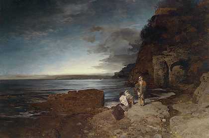 海边的夜晚`Abend an der Küste (1880) by Oswald Achenbach
