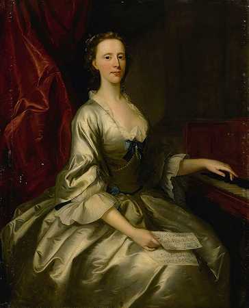 一位女士的肖像，四分之三长，坐在大键琴旁，手里拿着一张乐谱`Portrait Of A Lady, Three~Quarter Length, Seated At A Harpsichord, Holding A Sheet Of Music by Allan Ramsay