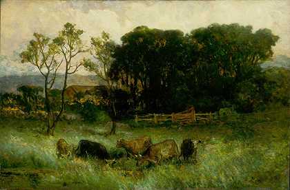 无标题（牧场上有五头牛）`Untitled (five cows in pasture) (ca. 1884~1886) by Edward Mitchell Bannister